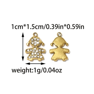 Detailed view of girl-shaped gold charms with white rhinestones and size measurements