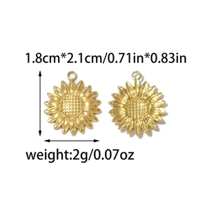 Dettaglio dei ciondoli girasole con dimensioni 1,8cm x 2,1cm e informazioni sul peso