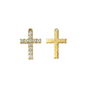 Vintage Edelstahl Kreuzanhänger in Gold mit Kristallen, Vorder- und Rückansicht