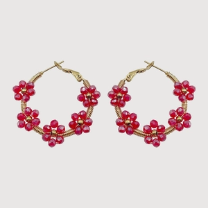 Handmade gold hoop earrings with red beaded flower accents and French luxury style design