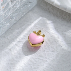 Pink enamel heart crown bead charm with gold plating for DIY jewelry necklaces