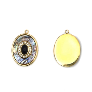 Pendentif ovale en acier inoxydable 304 avec pierre noire et nacre dorée