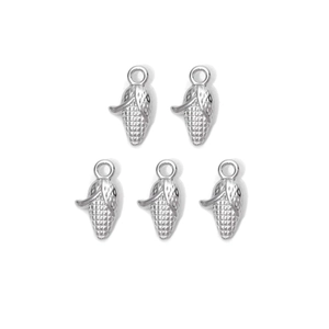 Five polished silver corn-shaped stainless steel pendants for DIY jewelry making