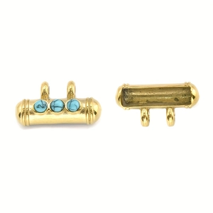 Golden pendant with turquoise-colored beads and double rings shown in front and back views