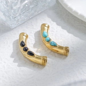 Curved gold metal jewelry tube pendants with inlaid turquoise and black onyx stones