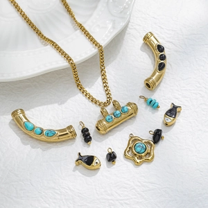 Vintage Stainless Steel DIY Jewelry Pendants Retro Boho Gold Curved Tube Charms With Faux Turquoise Agate For Necklace Bracelet