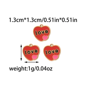 Three red heart charms with love text in 18K gold plated stainless steel for DIY jewelry