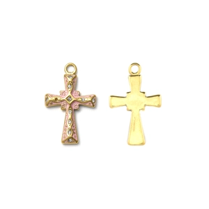Cross pendant in 304 stainless steel with pink enamel and sparkling white rhinestones