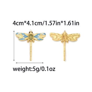 Ciondolo a libellula dorata con smalto blu e gemma gialla, misura 4cm x 4,1cm