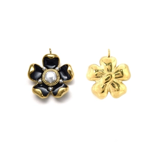 Vintage gold stainless steel flower pendant with black enamel and pearls for DIY jewelry