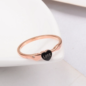Women Titanium Steel Rose Gold Ring Black Enamel Heart LOVE Letter Rhinestone Inlaid Fashion Korean Style Jewelry Finger Ring