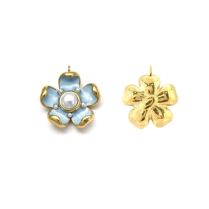 French vintage light blue enamel flower pendant with pearl center and gold finish