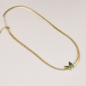 Collier vintage français avec pendentif papillon vert et chaîne serpent dorée ajustable