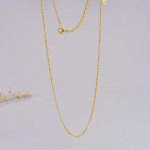 Detail of a thin gold necklace featuring an adjustable lobster clasp and extension chain