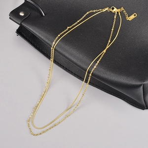 Minimalist 316L Stainless Steel 18K Gold Plated Double Layered Snake Chain Necklace For Women Geometric Round Beads Clavicle Chain Jewelry