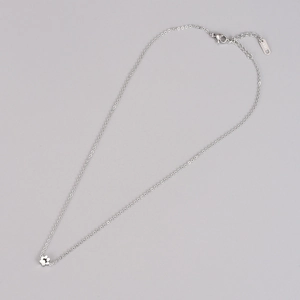 Detail of silver stainless steel necklace with cat paw pendant and lobster clasp closure
