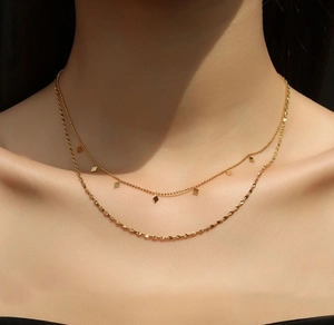 Titanstahl Doppelreihig Halskette Raute Pailletten Anhänger 18K Vergoldet Layered Wellenkette Halsketten Für Damen Mode Schmuck
