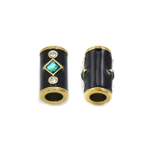 Street style black enamel cylinder beads with green crystals and gold metal trim