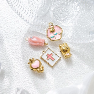Pink and white enamel stainless steel charms set for DIY jewelry making with gold finish