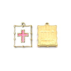Gold-plated rectangle cross pendant with white enamel and pink drip oil finish