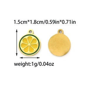 Detailed view of yellow enamel lemon slice pendant with 1.5cm x 1.8cm size dimensions