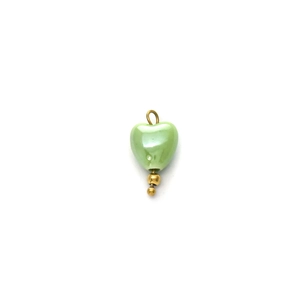 Mint green pearlescent heart pendant with gold bead accents and metal hanging loop