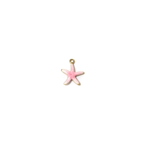 Detailed view of a pink enamel starfish pendant with gold-plated edges and top hanging loop