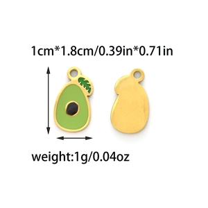 Detail of avocado enamel pendant showing exact dimensions 1.8cm by 1.0cm with 1g weight