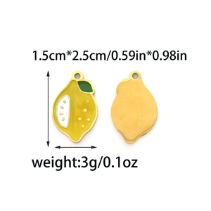 18K gold plated lemon pendant with yellow enamel and green leaf, 1.5cm by 2.5cm size