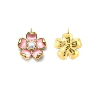 Elegant 18K gold stainless steel flower pendant with pink enamel and pearl accents