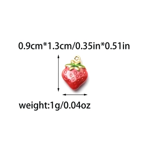 Detail showing dimensions of red strawberry charm pendant in stainless steel