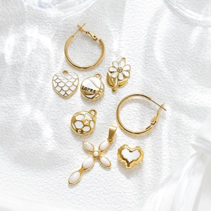 Golden stainless steel heart flower cross pendants and hoop earrings set for DIY jewelry
