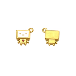 Golden robot DIY pendant with white enamel face and red heart on white background