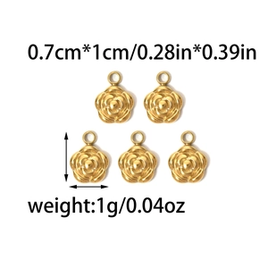 Golden 3D rose flower charms in stainless steel for DIY jewelry making with dimensions