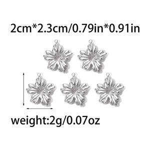 Detailed view of five polished stainless steel flower pendants with size measurements