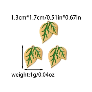 Golden leaf-shaped stainless steel pendants with green enamel for DIY jewelry making