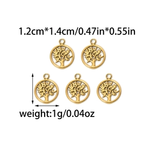 Five gold tree of life charms in 304 stainless steel with sizing labels for DIY jewelry