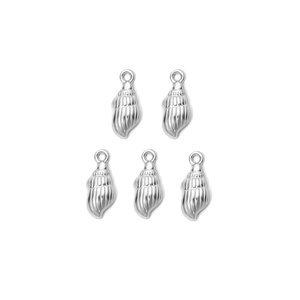 Detailed view of five silver-toned spiral shell pendants for DIY jewelry making