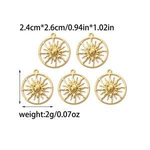 Detailed view of 5-piece golden sun pendants with size 2.4x2.6cm for DIY jewelry making