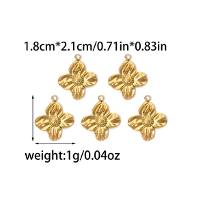 Five gold flower charms in 18K plated stainless steel with sizing details, 1.8cm x 2.1cm
