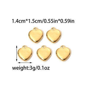 5pcs heart-shaped stainless steel gold pendants with size details for DIY jewelry making
