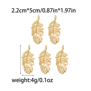 Five-piece set of gold feather charms in stainless steel for DIY jewelry making