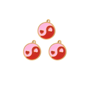 Pink and red heart yin-yang enamel pendants in 18K gold plated stainless steel