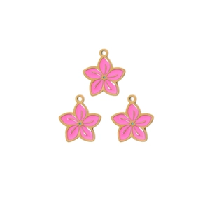 Chic pink enamel flower charms with gold edges and blue core for DIY jewelry making