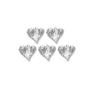 Five silver stainless steel heart pendants with textured finish for DIY jewelry making