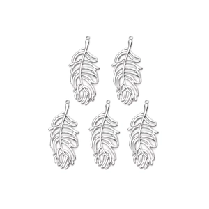 Set of five silver hollow feather pendants in stainless steel for DIY jewelry making