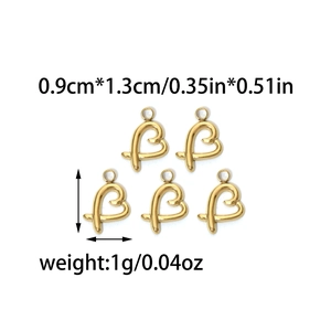 Five 18K gold-plated stainless steel heart charms, 0.9x1.3cm DIY jewelry pendants