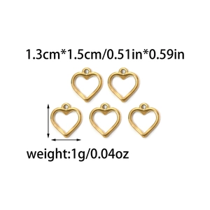Five gold hollow heart charms for jewelry making, sized 1.3x1.5cm on white background