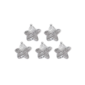 Detailed view of five silver star charms with grid texture and integrated hanging rings