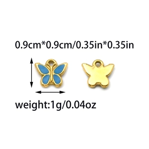 Blue enamel butterfly charm with gold frame showing dimensions 0.9x0.9cm and weight 1g